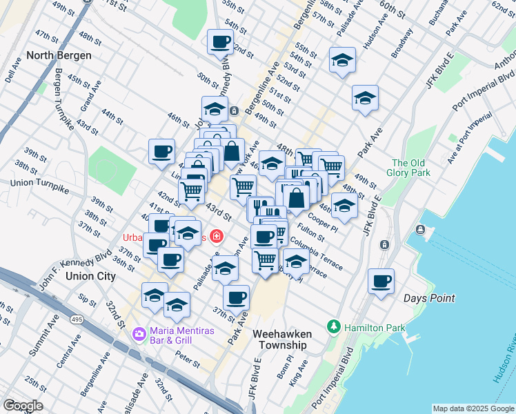 map of restaurants, bars, coffee shops, grocery stores, and more near 4408 Hudson Avenue in Union City