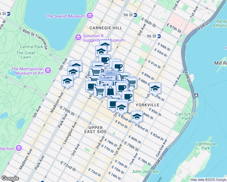 map of restaurants, bars, coffee shops, grocery stores, and more near 210 East 85th Street in New York