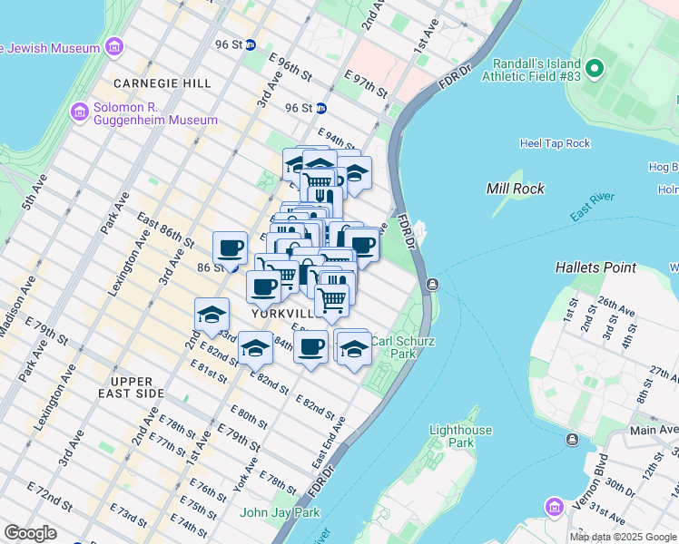 map of restaurants, bars, coffee shops, grocery stores, and more near 438 East 88th Street in New York