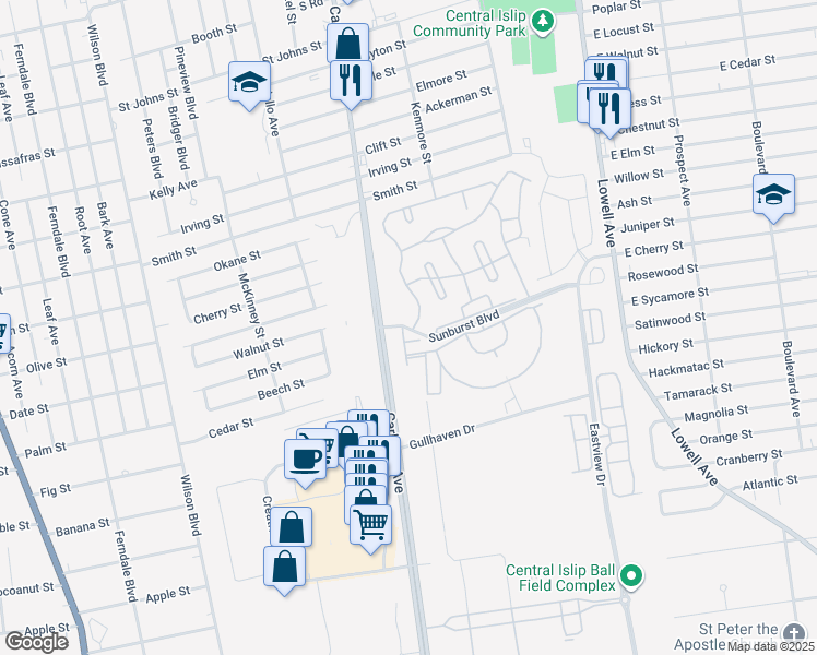 map of restaurants, bars, coffee shops, grocery stores, and more near Robbins Rd in Central Islip