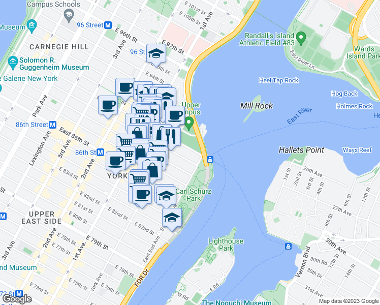 map of restaurants, bars, coffee shops, grocery stores, and more near 525 East 89th Street in New York