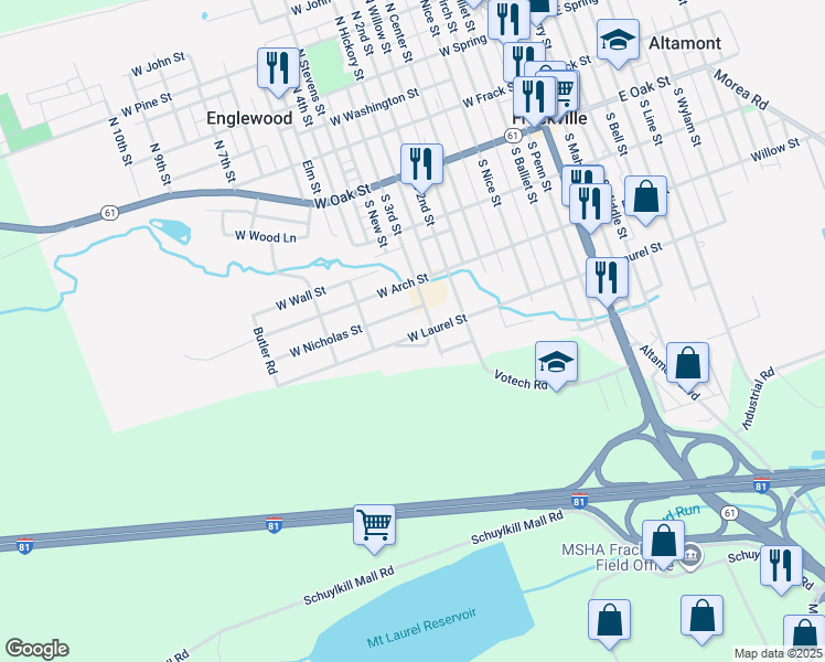 map of restaurants, bars, coffee shops, grocery stores, and more near 509 West Laurel Street in Frackville