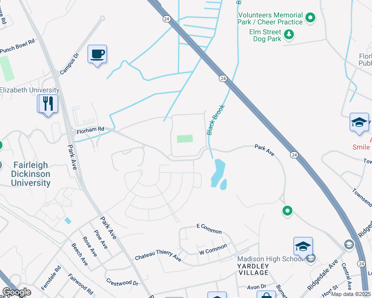 map of restaurants, bars, coffee shops, grocery stores, and more near 1 Jets Drive in Florham Park
