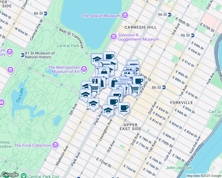 map of restaurants, bars, coffee shops, grocery stores, and more near 82 East 82nd Street in New York