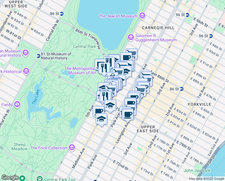map of restaurants, bars, coffee shops, grocery stores, and more near 2 East 81st Street in New York