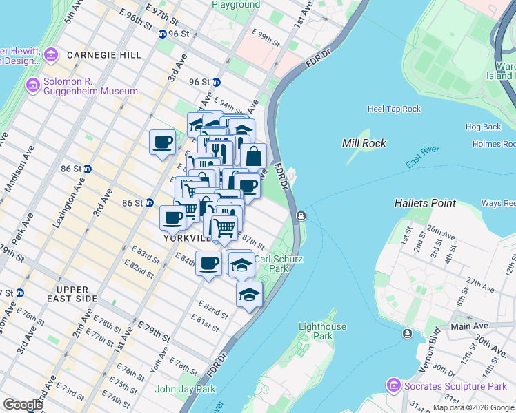 map of restaurants, bars, coffee shops, grocery stores, and more near 525 East 89th Street in New York