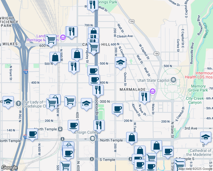 map of restaurants, bars, coffee shops, grocery stores, and more near 235 West 400 North in Salt Lake City
