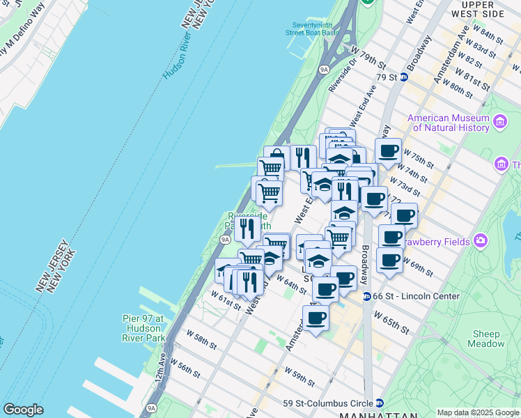 map of restaurants, bars, coffee shops, grocery stores, and more near in New York