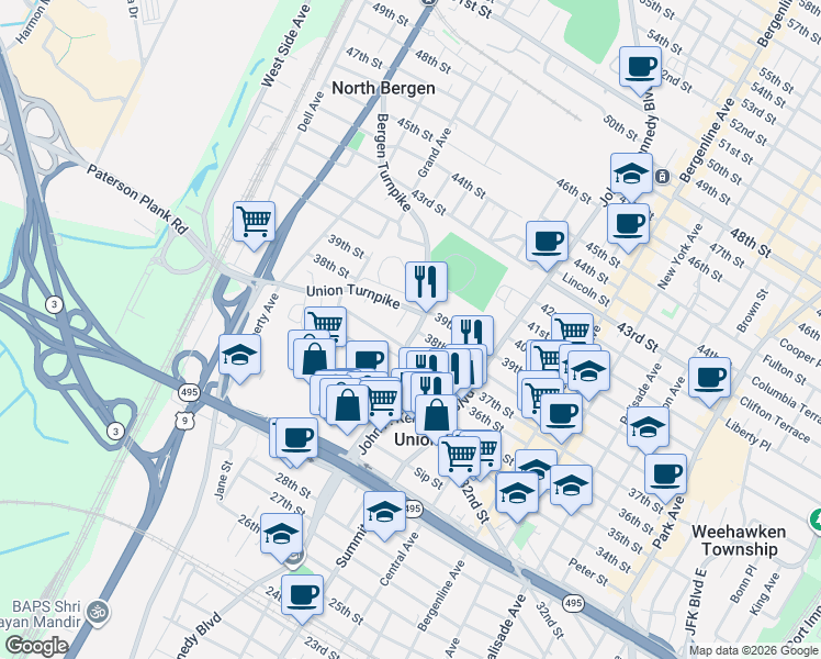 map of restaurants, bars, coffee shops, grocery stores, and more near 3709 Bergen Turnpike in North Bergen