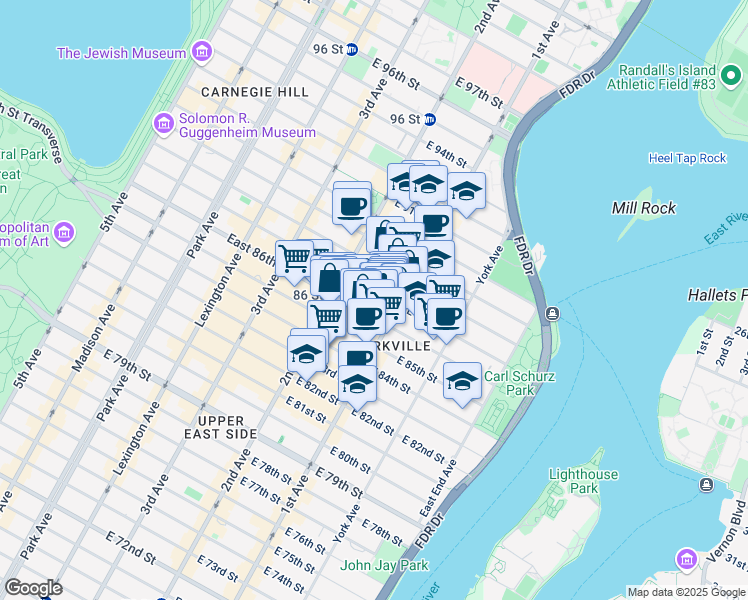 map of restaurants, bars, coffee shops, grocery stores, and more near 342 East 87th Street in New York