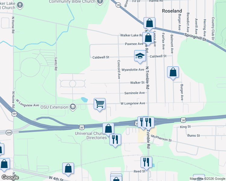 map of restaurants, bars, coffee shops, grocery stores, and more near 1170 Seminole Avenue in Mansfield