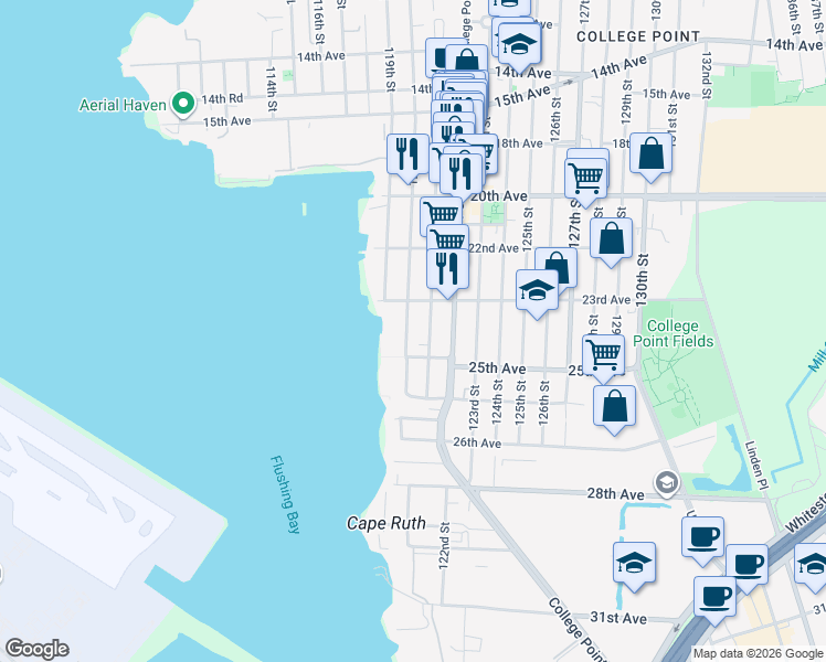 map of restaurants, bars, coffee shops, grocery stores, and more near 23-37 120th Street in Queens