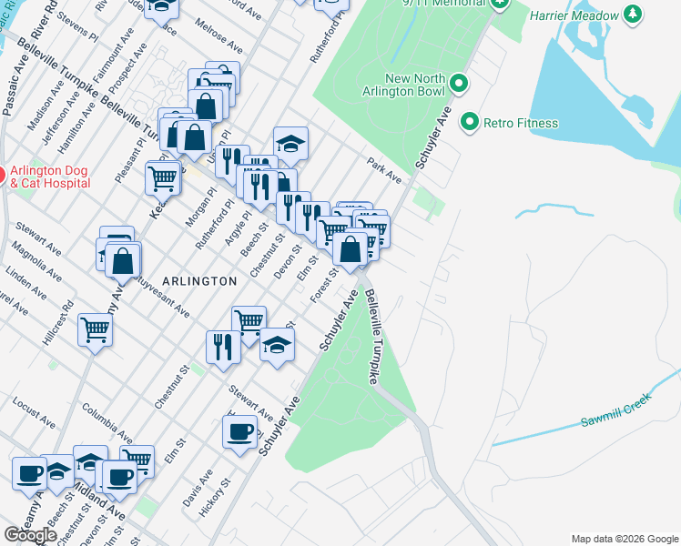 map of restaurants, bars, coffee shops, grocery stores, and more near 762 Forest Street in Kearny