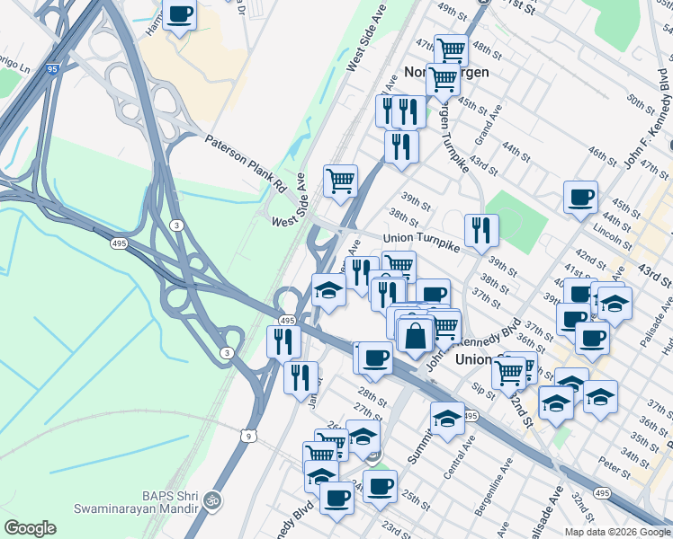 map of restaurants, bars, coffee shops, grocery stores, and more near 3303 Liberty Avenue in North Bergen