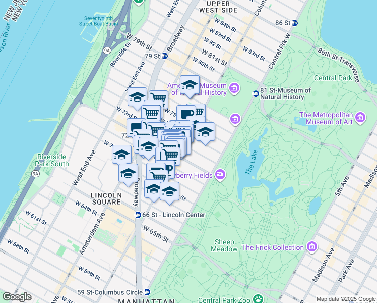 map of restaurants, bars, coffee shops, grocery stores, and more near 44 West 73rd Street in New York