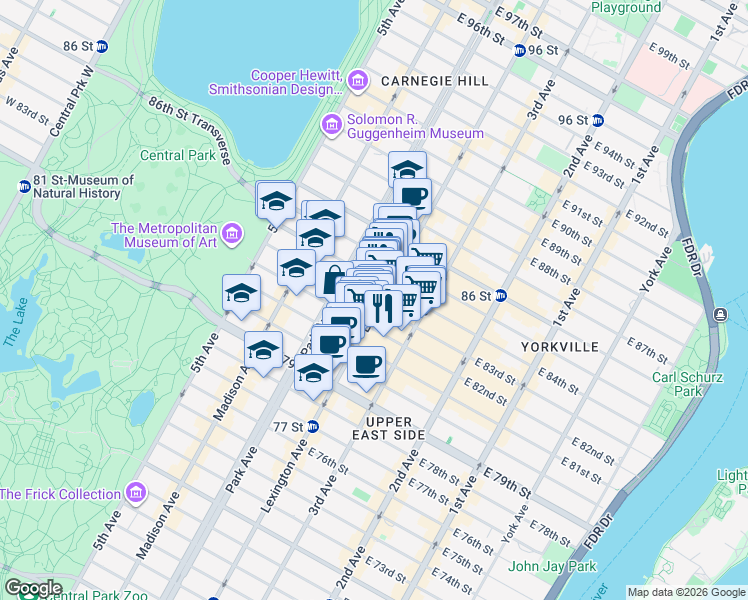 map of restaurants, bars, coffee shops, grocery stores, and more near 131 East 83rd Street in New York