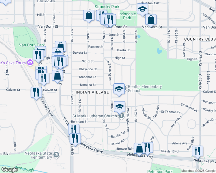 map of restaurants, bars, coffee shops, grocery stores, and more near 1811 South Pershing Road in Lincoln