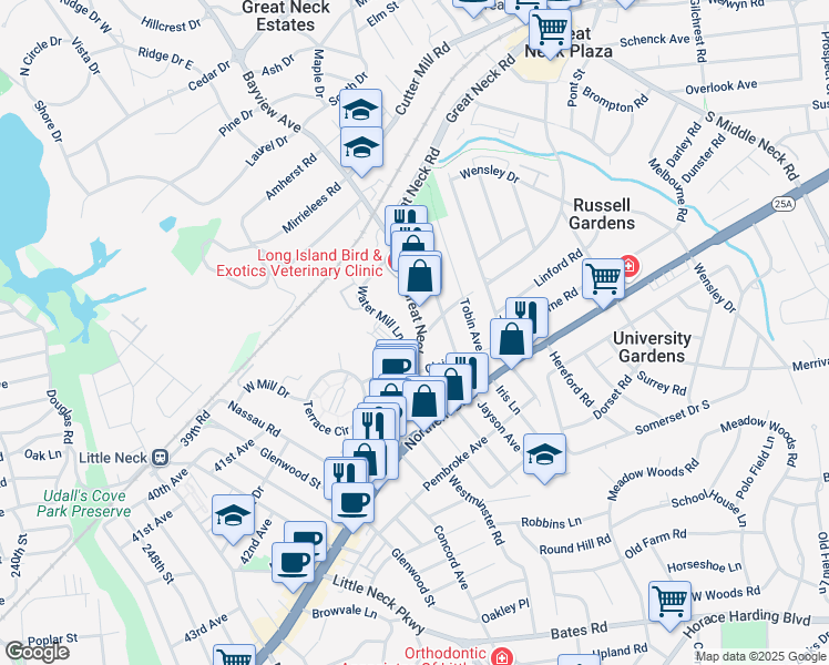 map of restaurants, bars, coffee shops, grocery stores, and more near 391 Great Neck Road in Great Neck