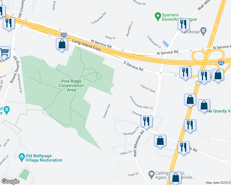map of restaurants, bars, coffee shops, grocery stores, and more near 455 Mattituck Court in Melville