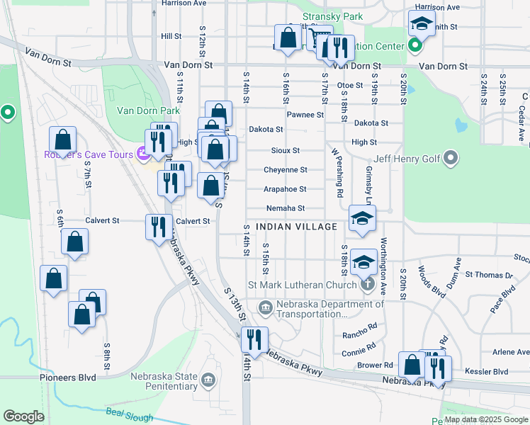 map of restaurants, bars, coffee shops, grocery stores, and more near 1445 Nemaha Street in Lincoln