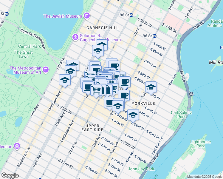 map of restaurants, bars, coffee shops, grocery stores, and more near 214 East 85th Street in New York