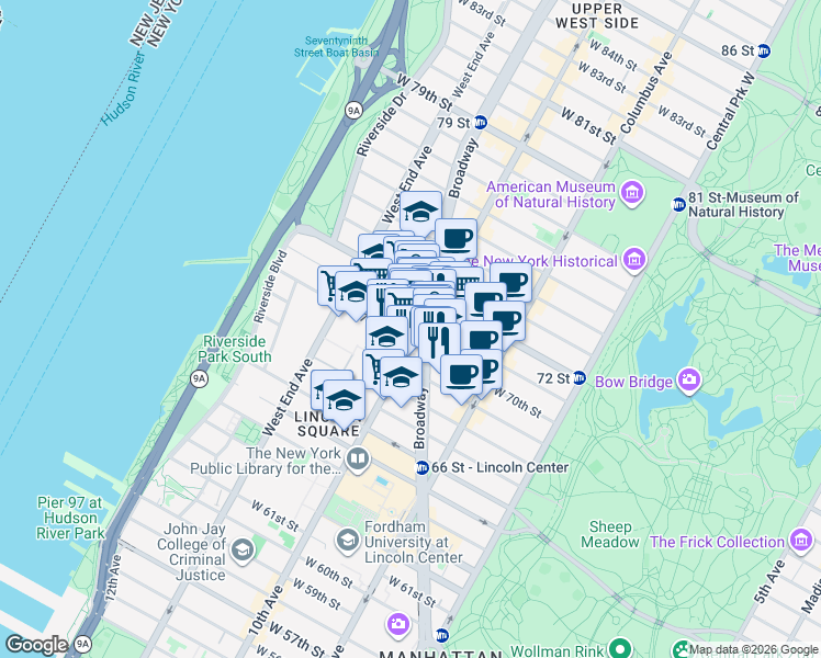 map of restaurants, bars, coffee shops, grocery stores, and more near 2045 Broadway in New York