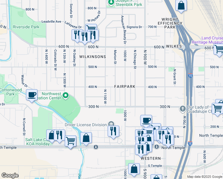 map of restaurants, bars, coffee shops, grocery stores, and more near 1059 West 400 North in Salt Lake City