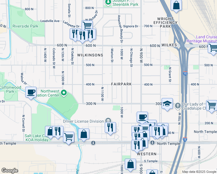 map of restaurants, bars, coffee shops, grocery stores, and more near 1059 West 400 North in Salt Lake City