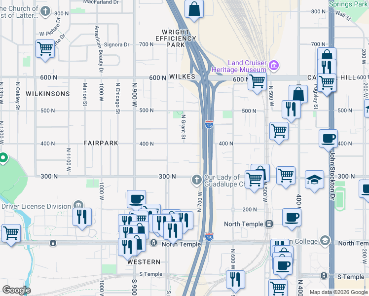 map of restaurants, bars, coffee shops, grocery stores, and more near 721 400 North in Salt Lake City