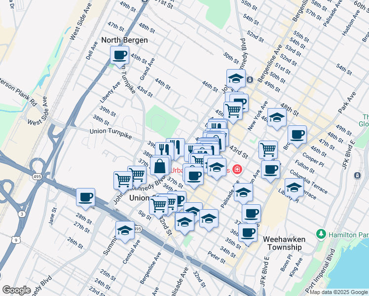 map of restaurants, bars, coffee shops, grocery stores, and more near 4008 John F Kennedy Boulevard West in Jersey City