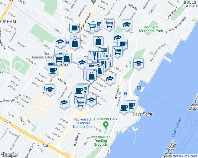 map of restaurants, bars, coffee shops, grocery stores, and more near 4536 Park Avenue in Weehawken