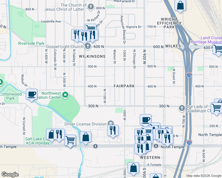 map of restaurants, bars, coffee shops, grocery stores, and more near 1059 West 400 North in Salt Lake City