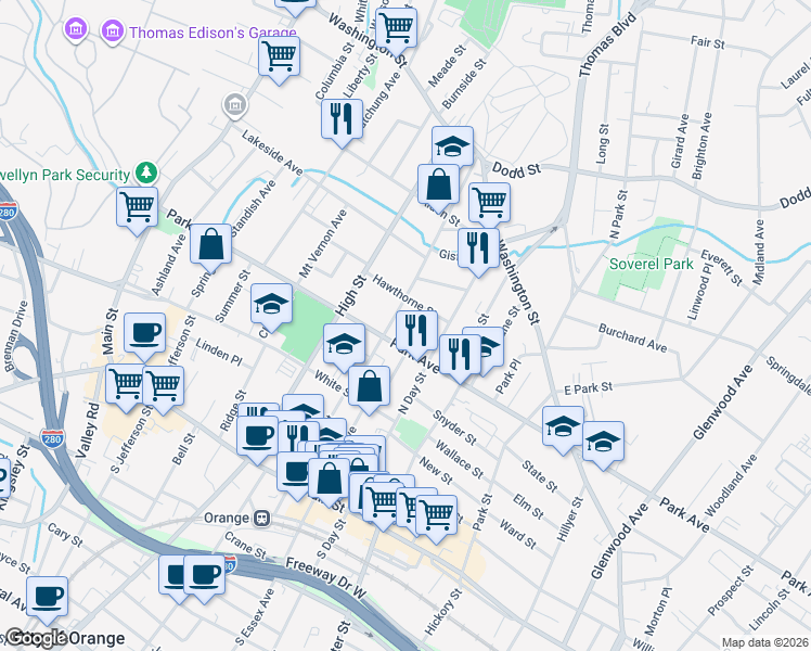 map of restaurants, bars, coffee shops, grocery stores, and more near 339 Park Avenue in City of Orange