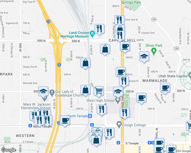 map of restaurants, bars, coffee shops, grocery stores, and more near 443 West 400 North in Salt Lake City