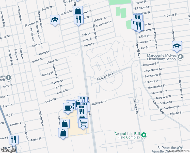 map of restaurants, bars, coffee shops, grocery stores, and more near 3 Sunburst Terrace in Central Islip