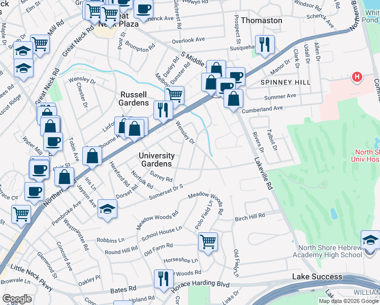 map of restaurants, bars, coffee shops, grocery stores, and more near 11 Rutland Road in Great Neck