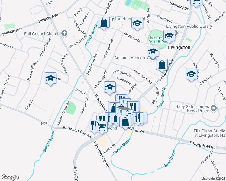 map of restaurants, bars, coffee shops, grocery stores, and more near 33 Concord Drive in Livingston