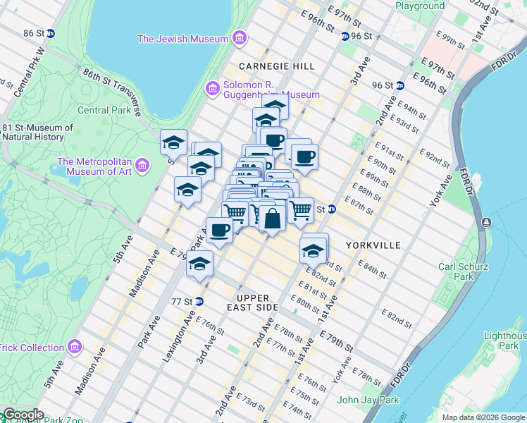 map of restaurants, bars, coffee shops, grocery stores, and more near 150 East 84th Street in New York