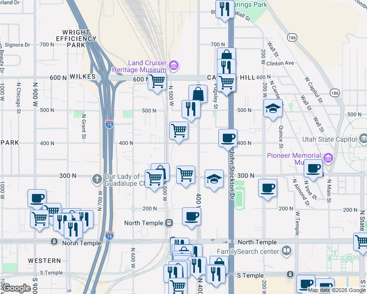 map of restaurants, bars, coffee shops, grocery stores, and more near 443 West 400 North in Salt Lake City