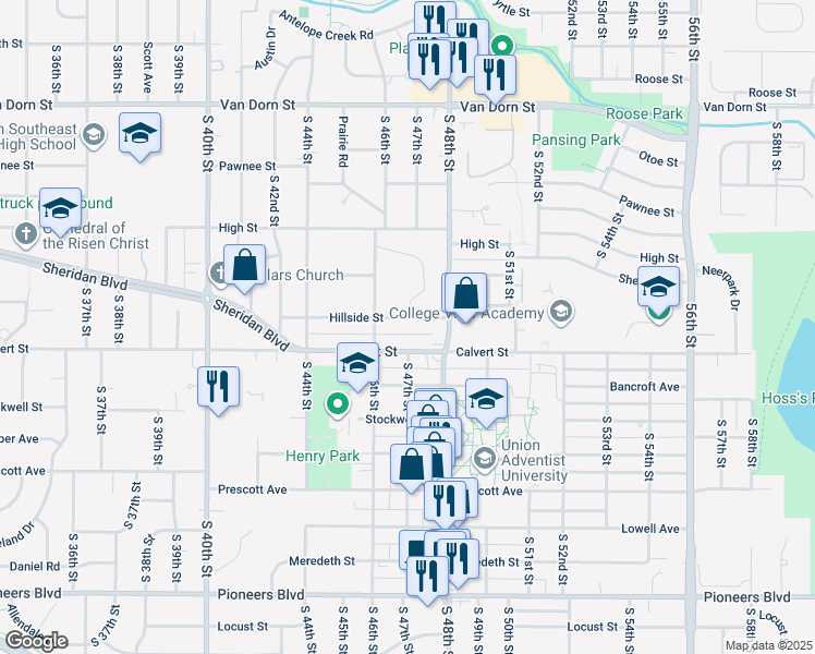 map of restaurants, bars, coffee shops, grocery stores, and more near 4649 Hillside St in Lincoln