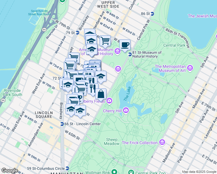 map of restaurants, bars, coffee shops, grocery stores, and more near 1 West 74th Street in New York