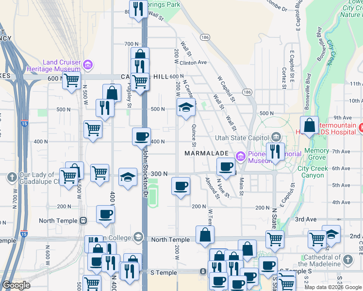 map of restaurants, bars, coffee shops, grocery stores, and more near 376 North 200 West in Salt Lake City