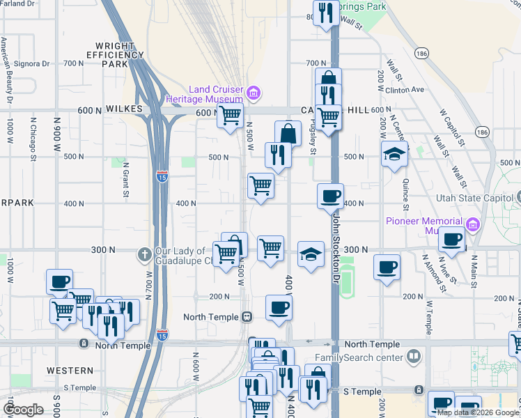 map of restaurants, bars, coffee shops, grocery stores, and more near 443 West 400 North in Salt Lake City