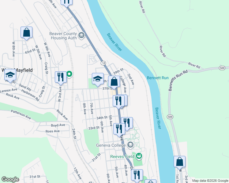map of restaurants, bars, coffee shops, grocery stores, and more near 3611 4th Avenue in Beaver Falls