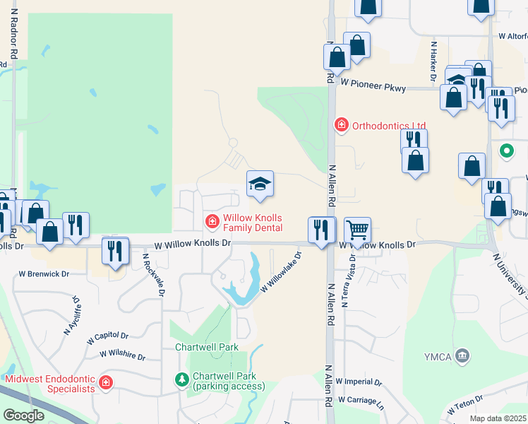 map of restaurants, bars, coffee shops, grocery stores, and more near 2711 West Willow Knolls Drive in Peoria