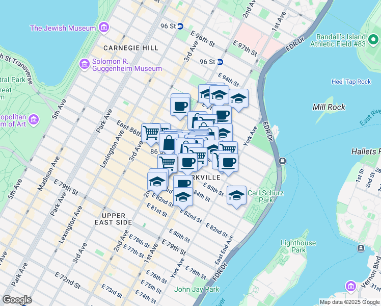 map of restaurants, bars, coffee shops, grocery stores, and more near 1661 1st Avenue in New York
