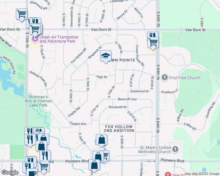 map of restaurants, bars, coffee shops, grocery stores, and more near 3511 South 79th Street in Lincoln