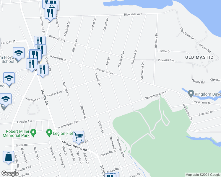 map of restaurants, bars, coffee shops, grocery stores, and more near 36 Mill Drive in Mastic Beach
