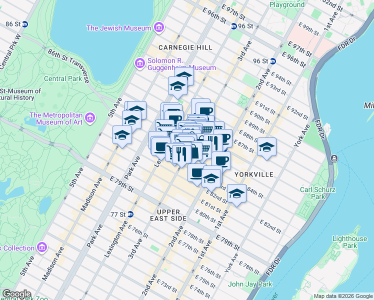 map of restaurants, bars, coffee shops, grocery stores, and more near 1517 3rd Avenue in New York