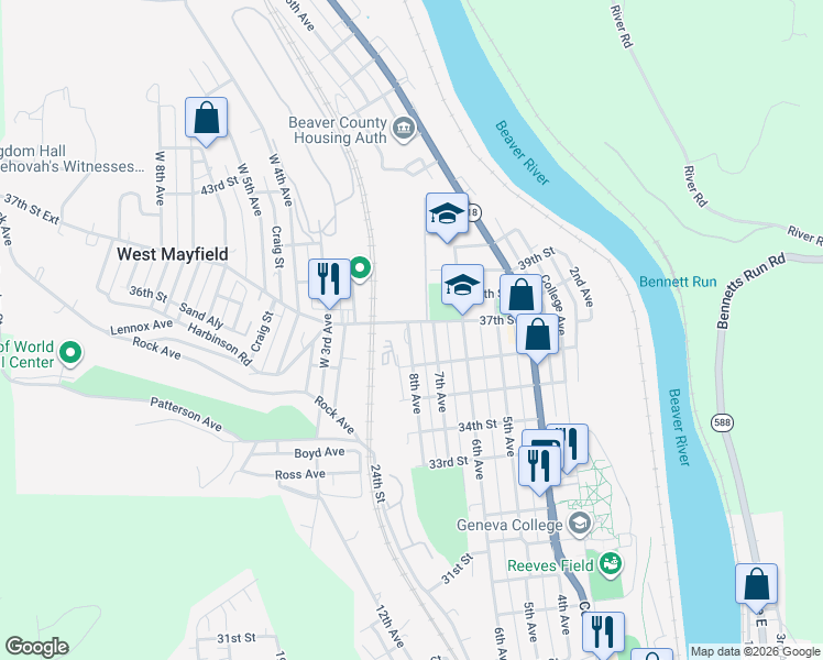 map of restaurants, bars, coffee shops, grocery stores, and more near 3607 8th Avenue in Beaver Falls